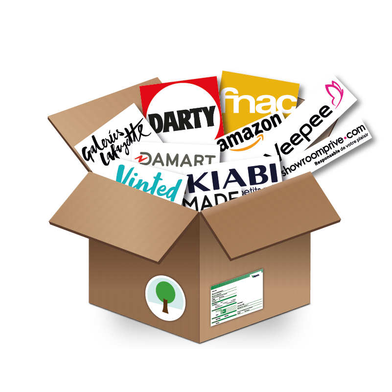 Ein illustriertes Paket zeigt die Logos diverser deutsscher Onlineshops: Kiabi, Vinted, Veepee, fnac, dart, damart, galerias lafayette, made, amazon, 