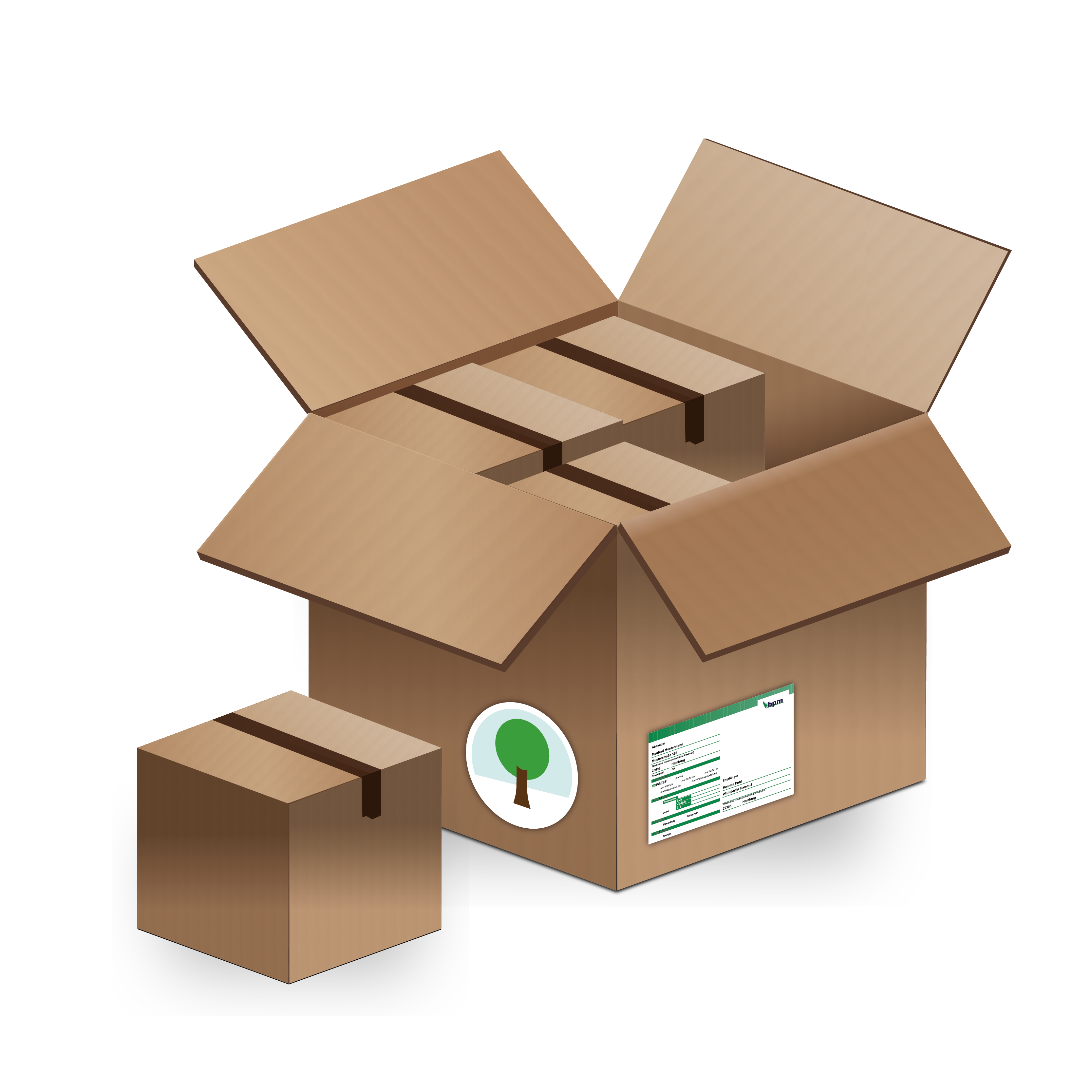Ein großes Paket in dem 3 kleine Pakete zusammengepackt wurden. Ein kleines Päckchen steht davor.