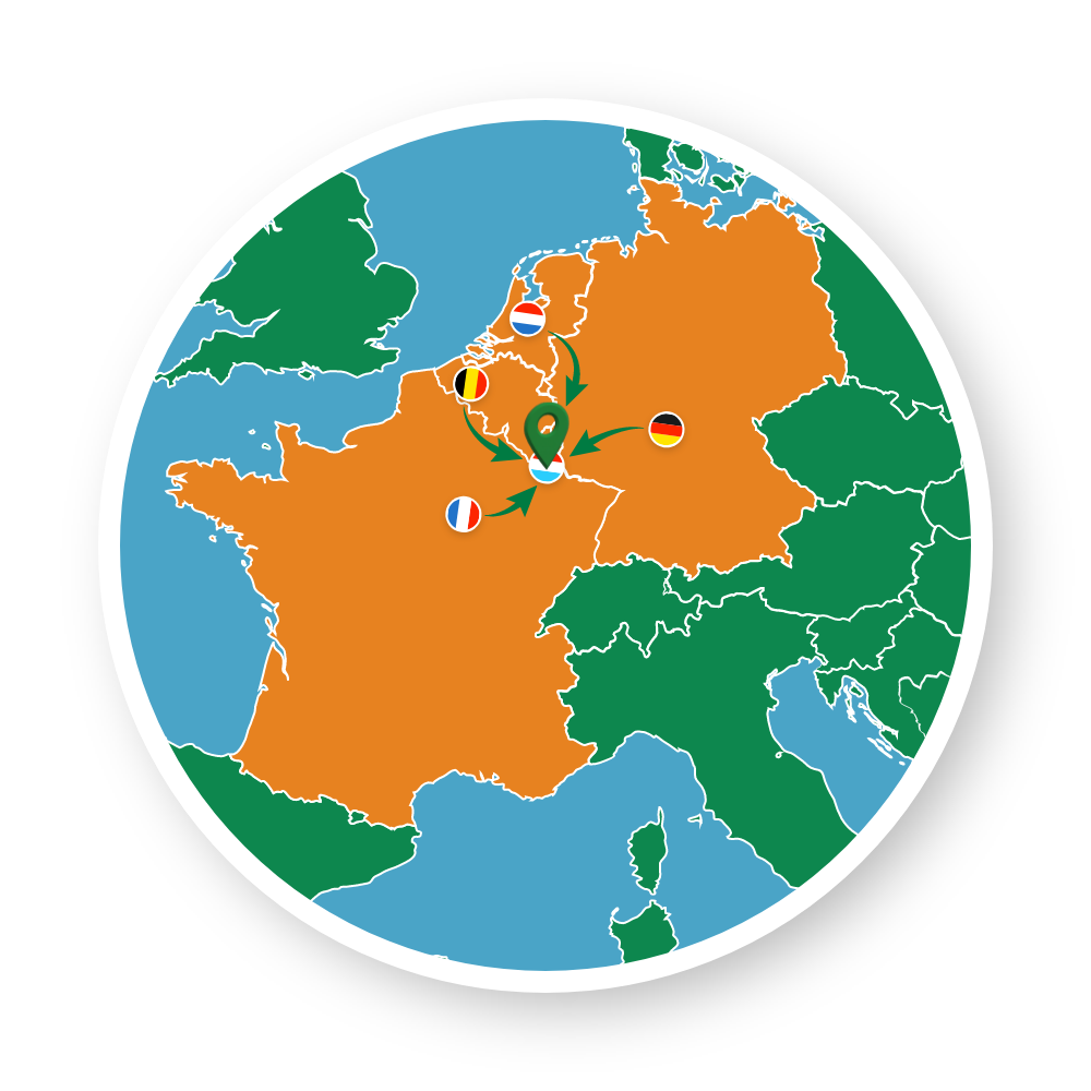 Europakarte mit hervorgehobenen Ländern: Frankkreich, Belgien, Niederlande, Luxemburg und Deutschland