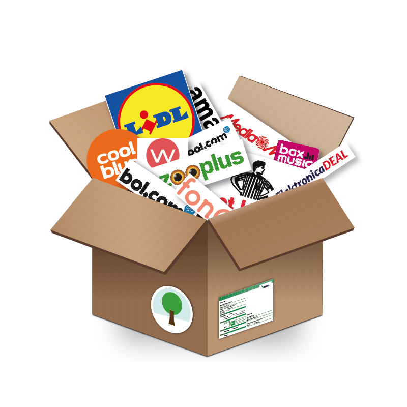 Ein illustriertes Paket zeigt Logos von niederländischen Online Shops
