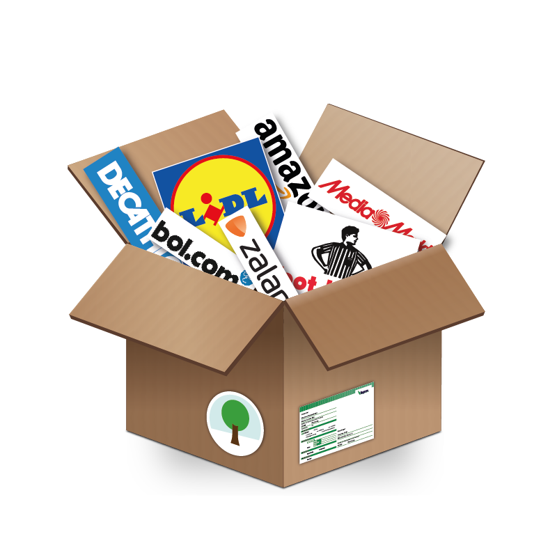 Paket, gefüllt mit Logos von Decathlon, Media Markt, Foot Locker, bol.com, Lidl, Zalando und Amazon